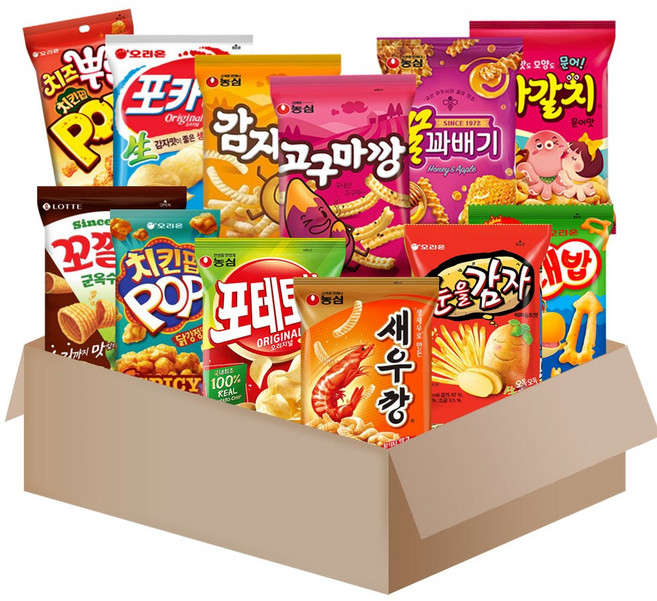 [메리박스] 스낵 12종세트 9호{자갈치+꿀꽈배기+감자깡+고구마깡+새우깡+치킨팝+포테토칩+왕고래밥+포카칩+꼬깔콘+꼬북칩2종}, 1박스, 과자세트