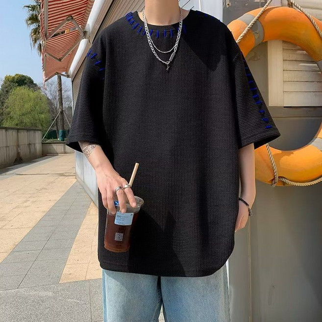 重磅華夫格短袖男秋季ins潮牌高級感t恤男設計感小領口七分袖情侶