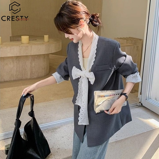 크레스티 여성 춘추 레이스 패치 리본 정장 코트 날씬해 보이는 데일리 정장 재킷