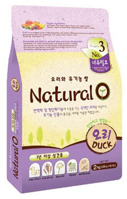 네츄럴오 성견용 오리와 유기농 쌀 건식사료, 면역/항산화, 2kg, 1개