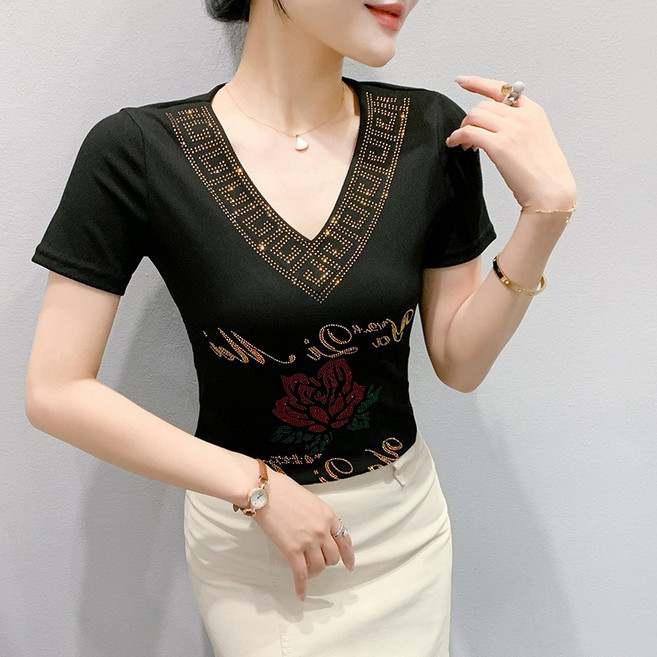 여성 라인댄스복 상의 중년 우아한 로즈 여름티 연습복 브이넥