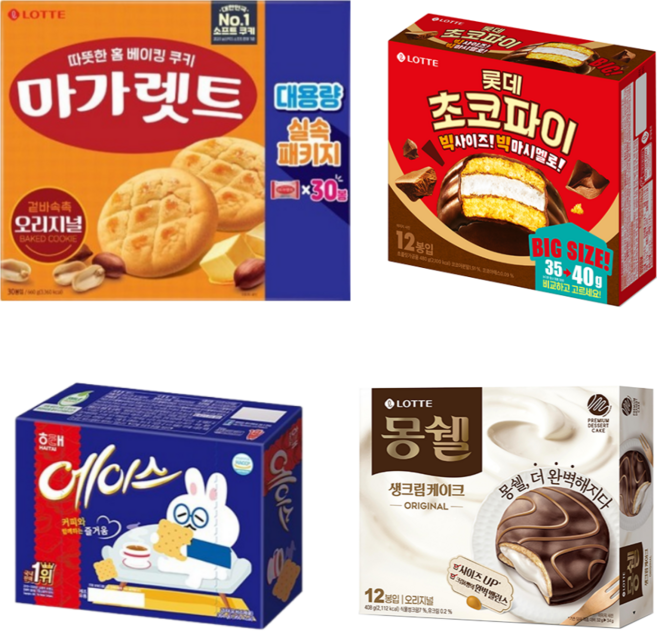 마가렛트660g+초코파이480g+에이스364g+몽쉘408g, 1개