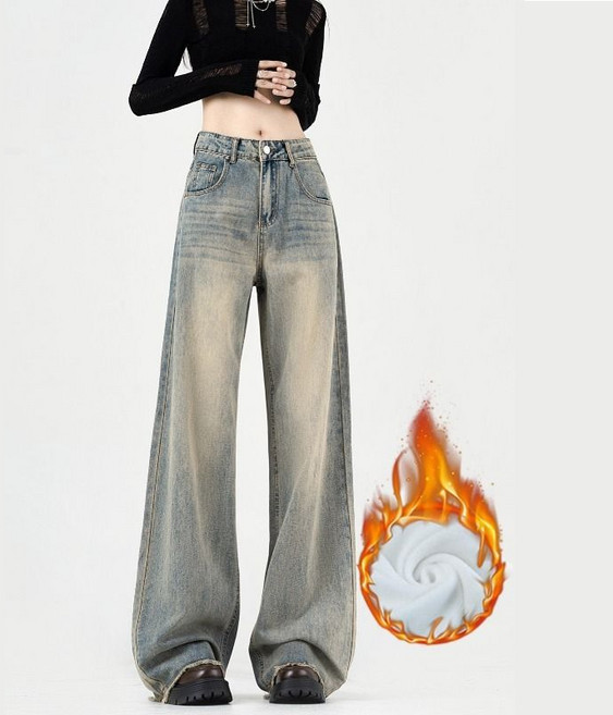 SAHINER 겨울 여성 하이웨이스트 기모안감 데님 와이드 팬츠 캐주얼룩 ANZ75