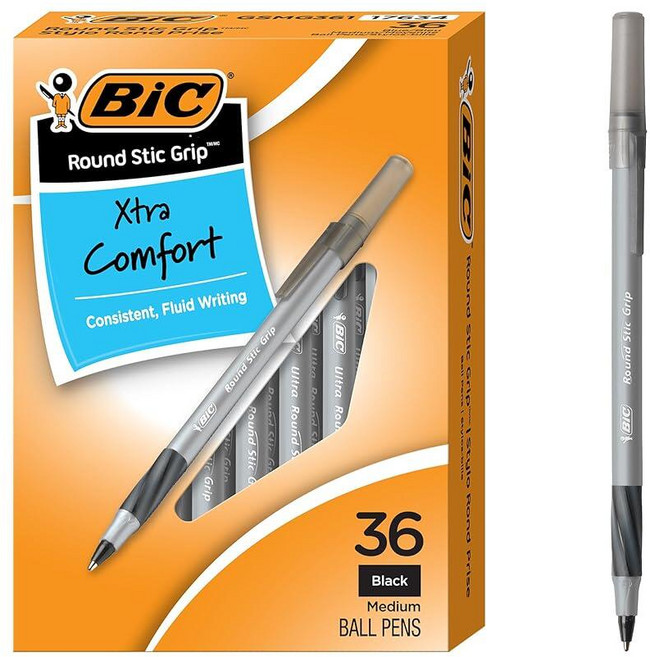 BIC 미국매장정품+ Round Stic Grip Xtra Comfort 다양한 색상 볼펜 미디엄 포인트 1.2MM 36개 팩 탁월한 편안함과 제어력을 위한 부드러운 그립이 있, Black.