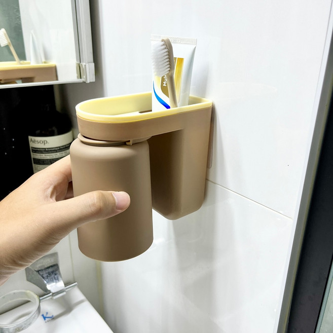 접착식 거꾸로 양치컵 걸이 칫솔 치약 보관, 1개, 카라멜브라운
