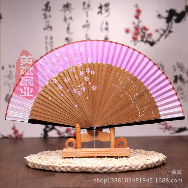 暢銷櫻花扇噴繪摺扇烤漆扇女士精品摺扇日本扇, 1個, 10號棕骨玫紅面:如图