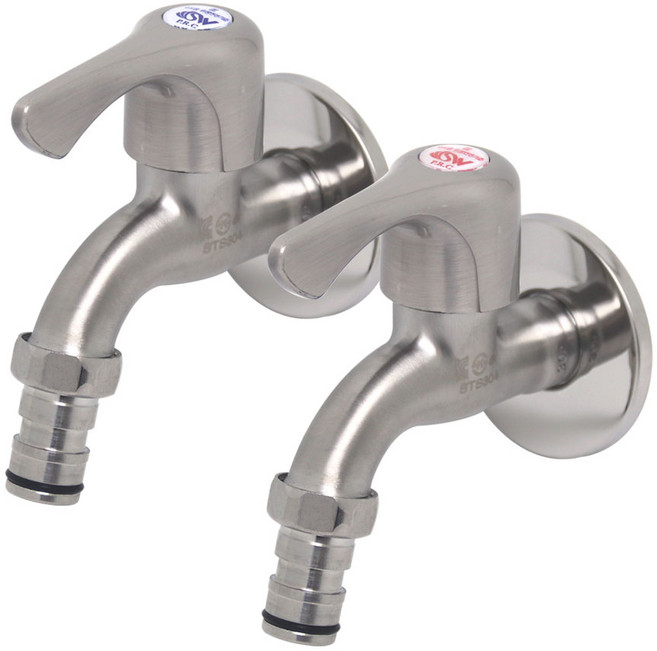 냉수온수세트 무광 커플링 가로 수도꼭지 베란다 발코니 세탁기 수전 교체, 냉수온수 세트