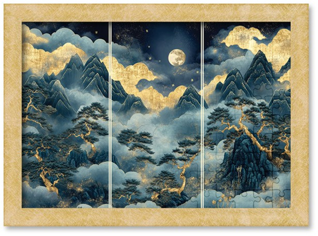 퍼즐사랑 금월청송도 미니 직소퍼즐 액자세트 2000조각 동양화, 1개, 우드 골드, 2000피스