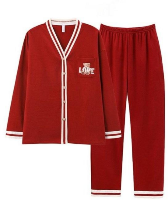 Makone 여성 가을 겨울 긴팔 레드 잠옷