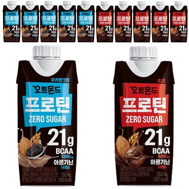 롯데 오트몬드 프로틴 제로슈거 250ml 쿠키앤크림6팩+초코6팩(총12팩), 12개
