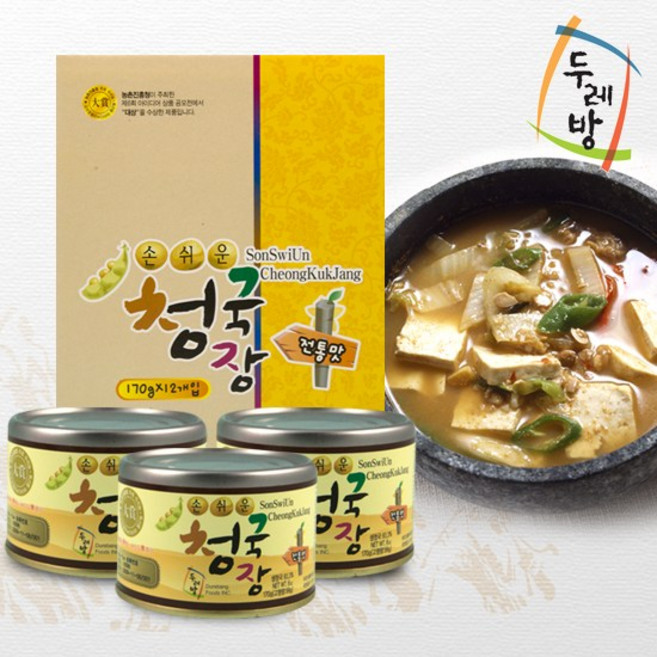 [두레방] 손쉬운 청국장 12캔 선물 세트 전통맛/순한맛 통조림 170g (여행 캠핑), 12개