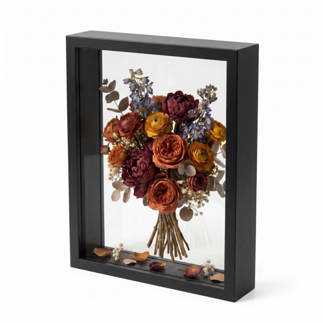 푸뚜로 부케말리기 부케액자 선물 투명 드라이플라워 말린꽃보관 원목 액자, 1개, 블랙