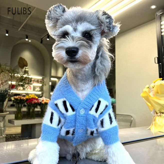 FULIBS 강아지옷명품 니트 스웨터 가디건 중소형견 대형견 두꺼운 반려동물 코트, 블루