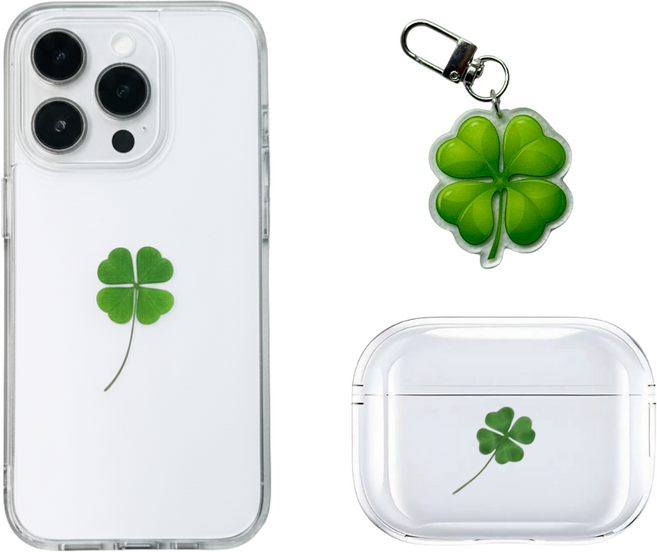 클로버 투명 귀여운 캐릭터 아이폰 케이스+에어팟 케이스+키링 3종세트