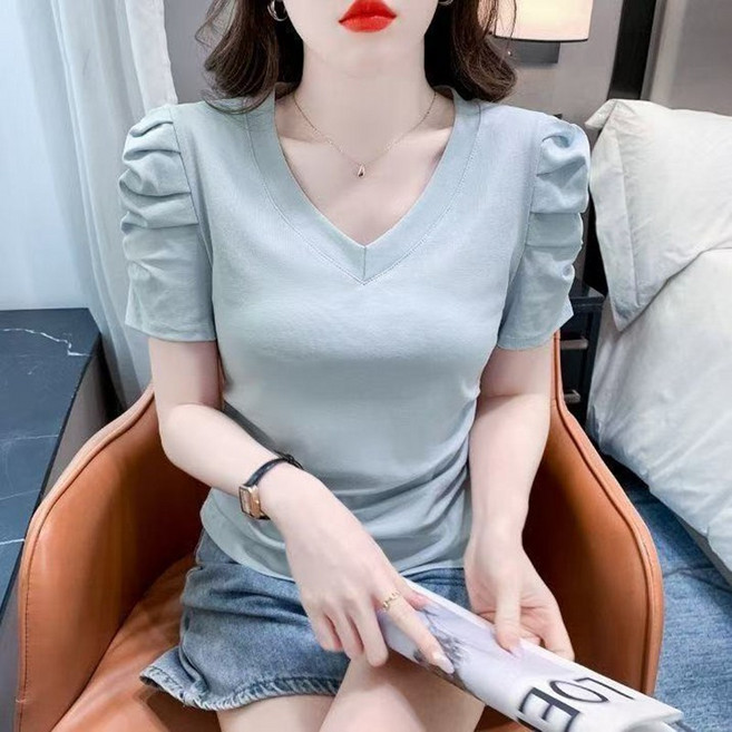 메인워크 여성 퍼프소매 반팔 티셔츠 여름 냉장고 브이넥 슬림핏 기질 고급 데일리 심플 하객룩 속건 벌룬 상의
