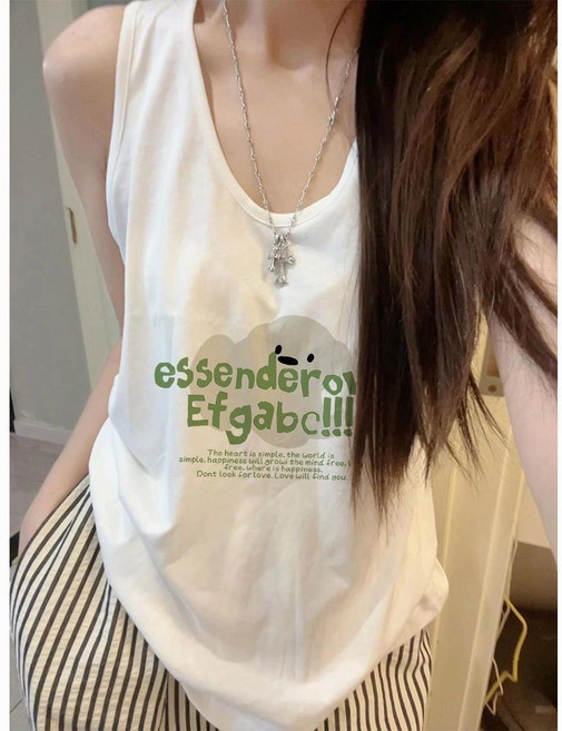可愛卡通白色無袖背心女夏寬鬆休閒坎肩上衣