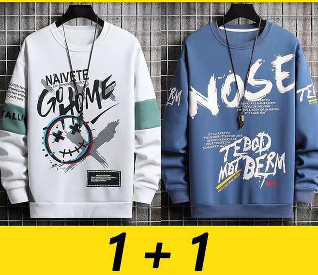 1+1 // 2P 오버핏 가을 맨투맨 티 남성 라운드 루즈핏 긴팔티셔츠 남성티 맨투맨 티셔츠 남녀공용 특양면 빅사이즈 D99U