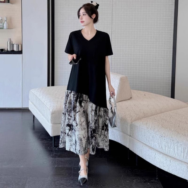 여성 원피스 여름 롱 빅사이즈 루즈핏 반팔 패치워크 수묵 롱스커트