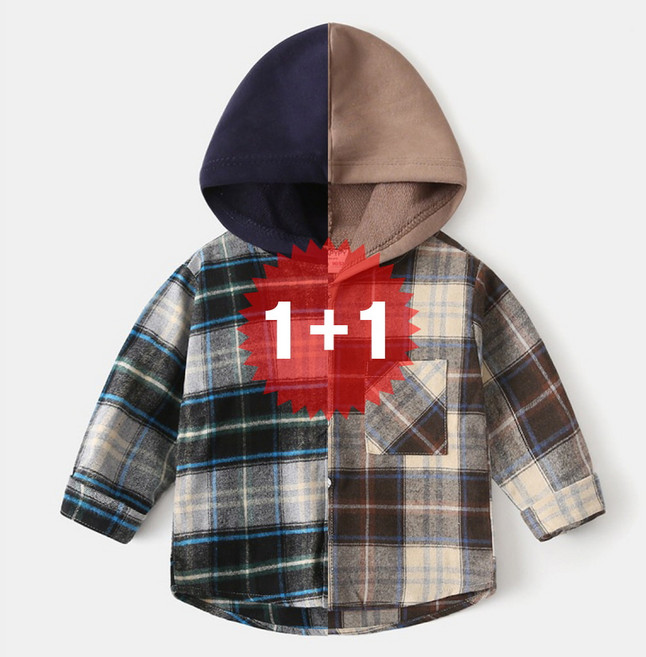 지디오 키즈 체크 후드 티셔츠 2개 세트 셔츠 레이어드 코디 남아 여아 봄 남방 후디