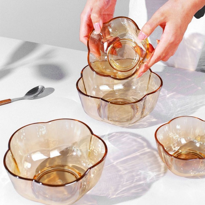 해피유통 꽃잎 유리 그릇 내열 가정용 밥공기jhljq, 300ML-더덕트럼펫4마리