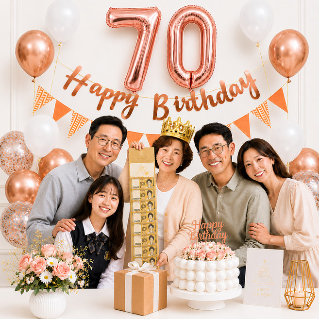 이벤트홀릭 칠순 파티용품 세트 70 숫자풍선 생일 가랜드 용돈카드 옵션, 1개, 06. 로즈골드(풀세트)