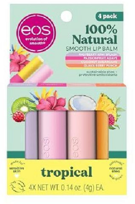 eos FlavorLab 슈퍼 소프트 시어 립밤 스틱 버라이어티 팩, 라즈베리키위 패션프루트 코코넛사탕수수 구아바, 4g, 1개