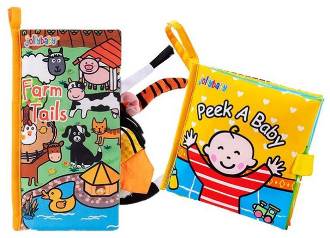 Jollybaby 꼬리책 숨바꼭질 2개세트 헝겊책 초점책 촉감놀이 애착인형 유모차걸이 신생아백일선물, 농장테일즈+아기야까꿍, 1세트