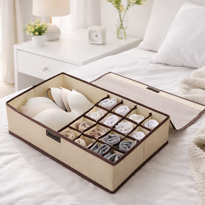 진수앤영 접이식 속옷 양말 분리 수납 정리함, 1개, 내추럴베이지(Natural Beige)