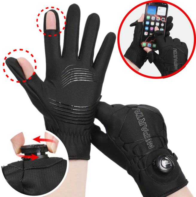 제이템 다이얼 조절 오토바이 라이더 핑거홀 기모 스마트폰 터치 장갑, 블랙