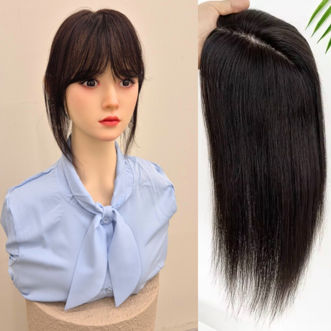 [사전스타일링 26CM기장]탑커버 인모100% 시스루뱅 스트레이트 어깨끝선 여자정수리가발 26CM, 1개, 미디음브라운