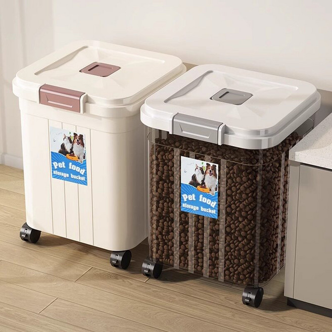 반려동물 사료보관통 밀폐형 고양이 강아지 겸용, 1개, 30L, F_투명 화이트 30L 6-10kg 량컵+삽