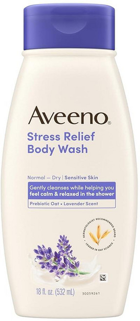 Aveeno 스트레스 릴리프 바디 스크럽 부드럽고 매끄러운 피부를 위한 각질 제거 워시 프리바이오틱 귀리 및 라벤더 향이 함유되어 진정 휴식을 취함 황산염 프리 비누 프리, 1개