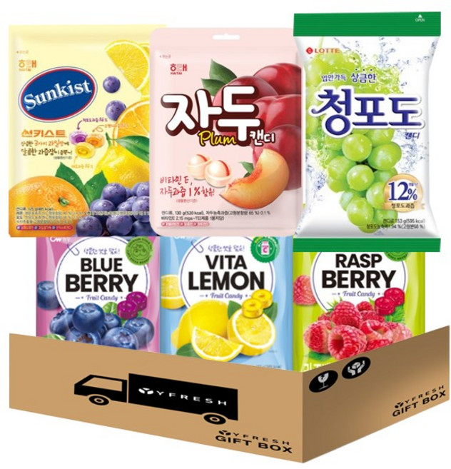 [YFRESH]과일맛캔디세트6종 모음(라즈베리캔디 레몬캔디 블루베리캔디 청포도캔디 썬키스트 자두캔디), 1세트