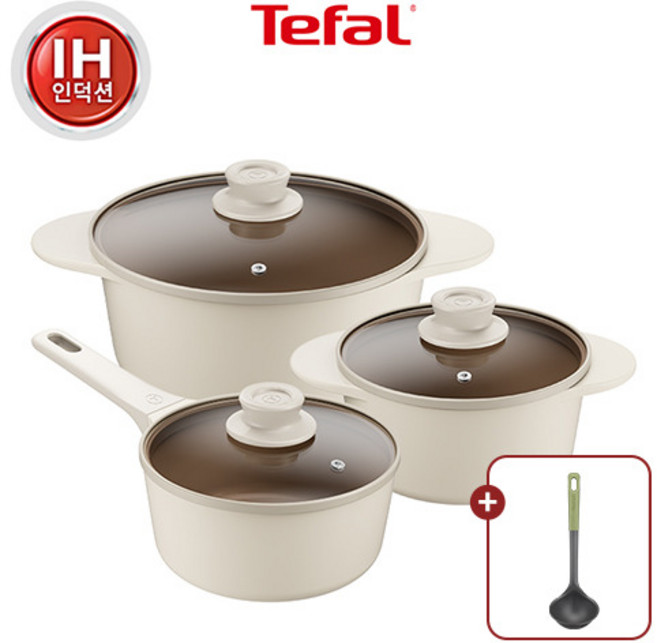[테팔] 세라믹 인덕션 주물 아이콘 오트 밀크 냄비 3종 (편수18+양수20+곰솥24) (+에센셜 국자 증정), 1세트, 24cm