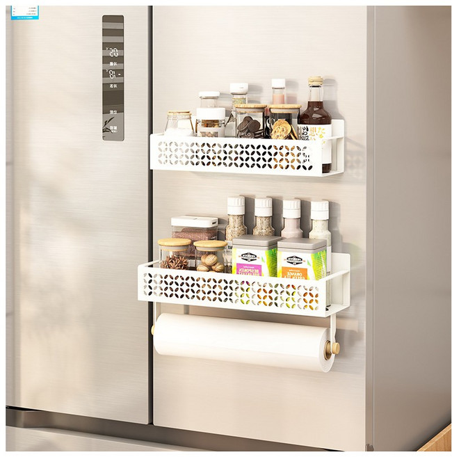 다온이네 냉장고 옆 공간 활용 자석 선반 2개세트 키친타올 홀더 주방 수납 정리대, 화이트소형+대형, 1개