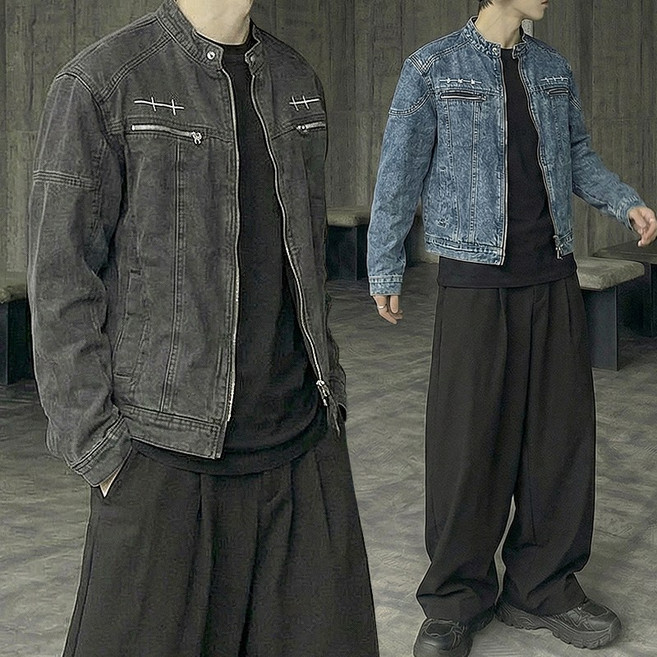 썬더 듀오 자수 바이커 데님 흑청 청자켓