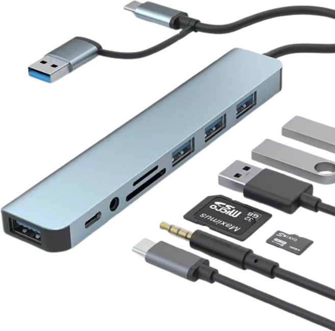 Type-C 擴展塢 SD/TF 讀卡器 筆記本電腦手機USB, 1個, 雙口八合一擴展塢【盒裝】, 銀色, 023-21