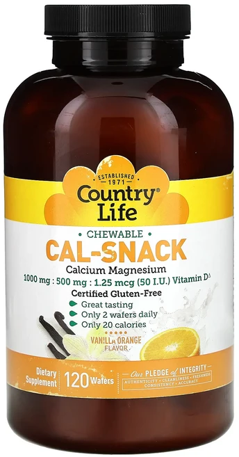 Country Life Cal-Snack 츄어블 칼슘 마그네슘 바닐라 오렌지 웨이퍼 120개, CountryLifeCalSnack츄어블칼슘마그네슘바닐 - 쿠팡