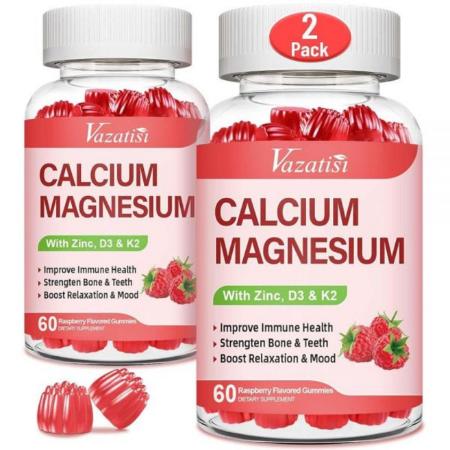비타민 D3 및 K2가 함유된 칼슘 마그네슘 아연 젤리 면역력과 진정 기분을 위한 고흡수성 마그네슘 글리시네이트 칼륨 라즈베리 맛 젤리 120개, 60정, 2개