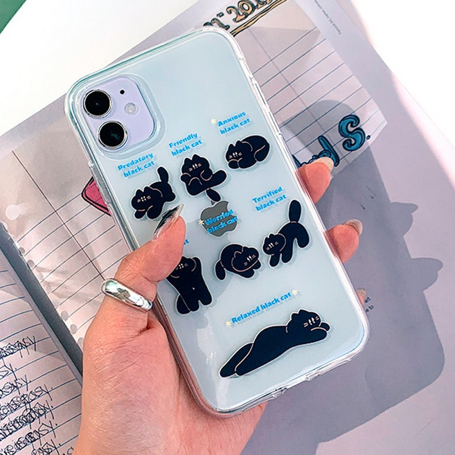 블랙 캣 드로잉 투명 젤리 아이폰 갤럭시 폰케이스