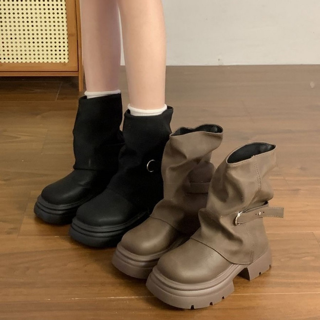 ZAJA 캐주얼 여성워커부츠 봄가을 겨울 미들 부츠 통굽 미끄럼 방지 앵클부츠 키높이 5cm