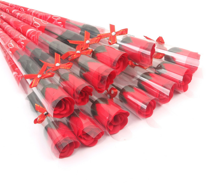 한송이 리본장미꽃 조화 비누꽃, 12개, 리본타입 레드