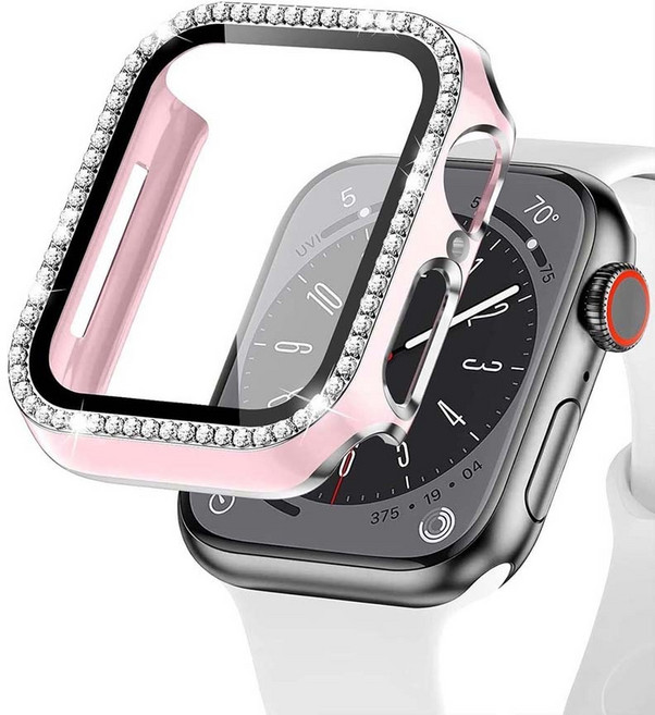 山水之寶 適用Apple Watch 玻璃膜+保護框 閃鑽電鍍防撞殼, 閃鑽粉, 1個