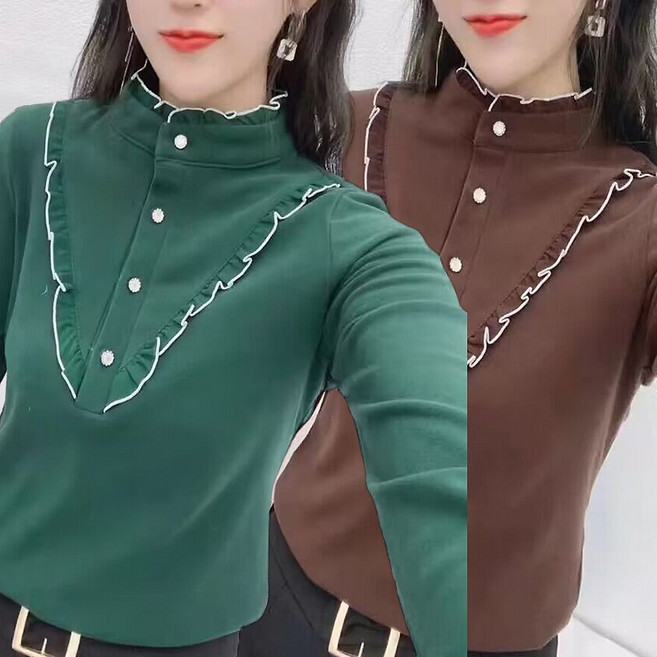 프릴 중년여성 긴팔티 융털 블라우스 기모 긴팔셔츠 가을겨울 보온 이너티 엄마옷 50대