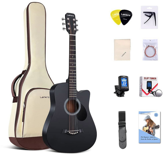 란크로 38인치 기타 어쿠스틱 초보자 키트 성인용 컷어웨이 스타터 세트 번들 패딩 긱백 스트랩 카포 스트링 픽 포함, black, 1개