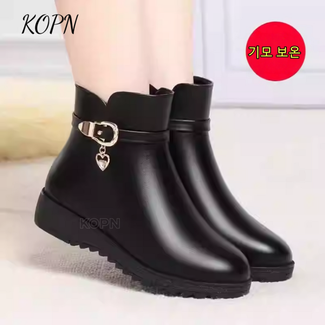 KOPN엄마 신발 겨울 기모 두께 보온 단화 중년 소프트 가죽 중장년 면화 굽 미끄럼 방지 소프트 베이스 여성화