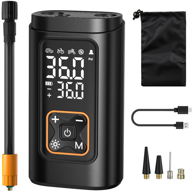 ACMEZING 무선 전동 에어펌프 휴대용 공기 주입기 6000mAh 다용도 자동차 자전거 타이어 공기펌프 노즐 포함 C21, 1개, 블랙