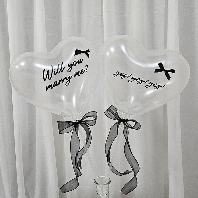 올리브파티 프로포즈 윌유메리미 하트 풍선 세트 셀프 웨딩 촬영 소품, 1세트, 투명풍선블랙리본