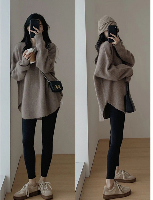 慵懶風綿羊絨毛衣 (衣長70 胸圍108cm) 棕色系