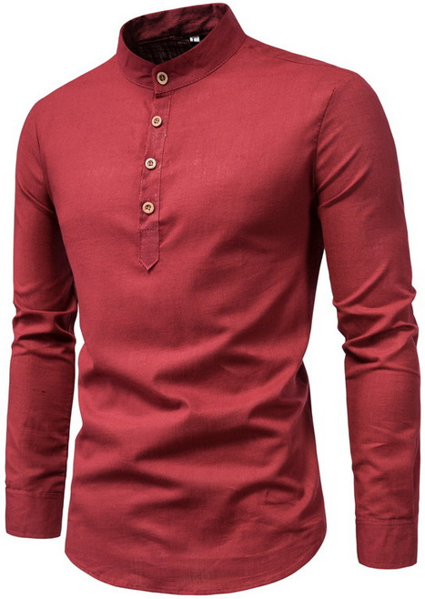 【亞麻純色】男士襯衫 長袖襯衫 棉麻襯衫 立領襯衫 半開衫 商務休閒 修身薄款 透氣百搭 四季常備